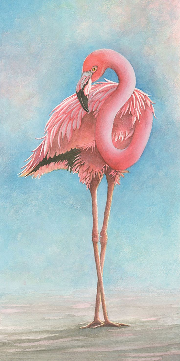 a painting of a pink flamingo standing in the sand