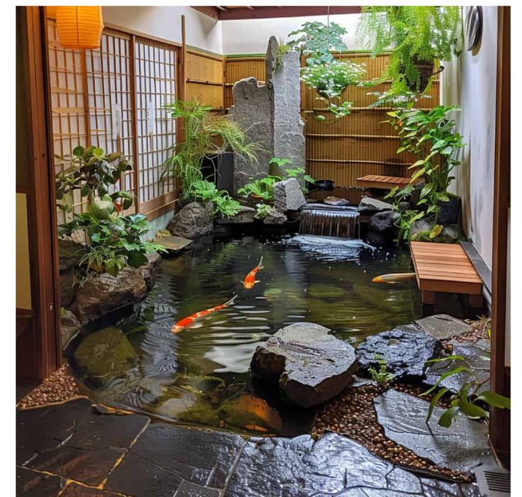 a fish pond in the middle of a room with rocks and plants on either side