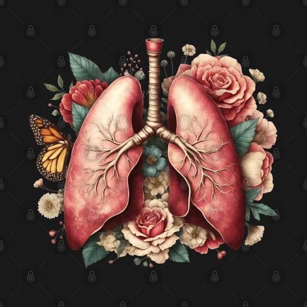 the lungs are surrounded by flowers, butterflies and roses on a black background with an orange butterfly