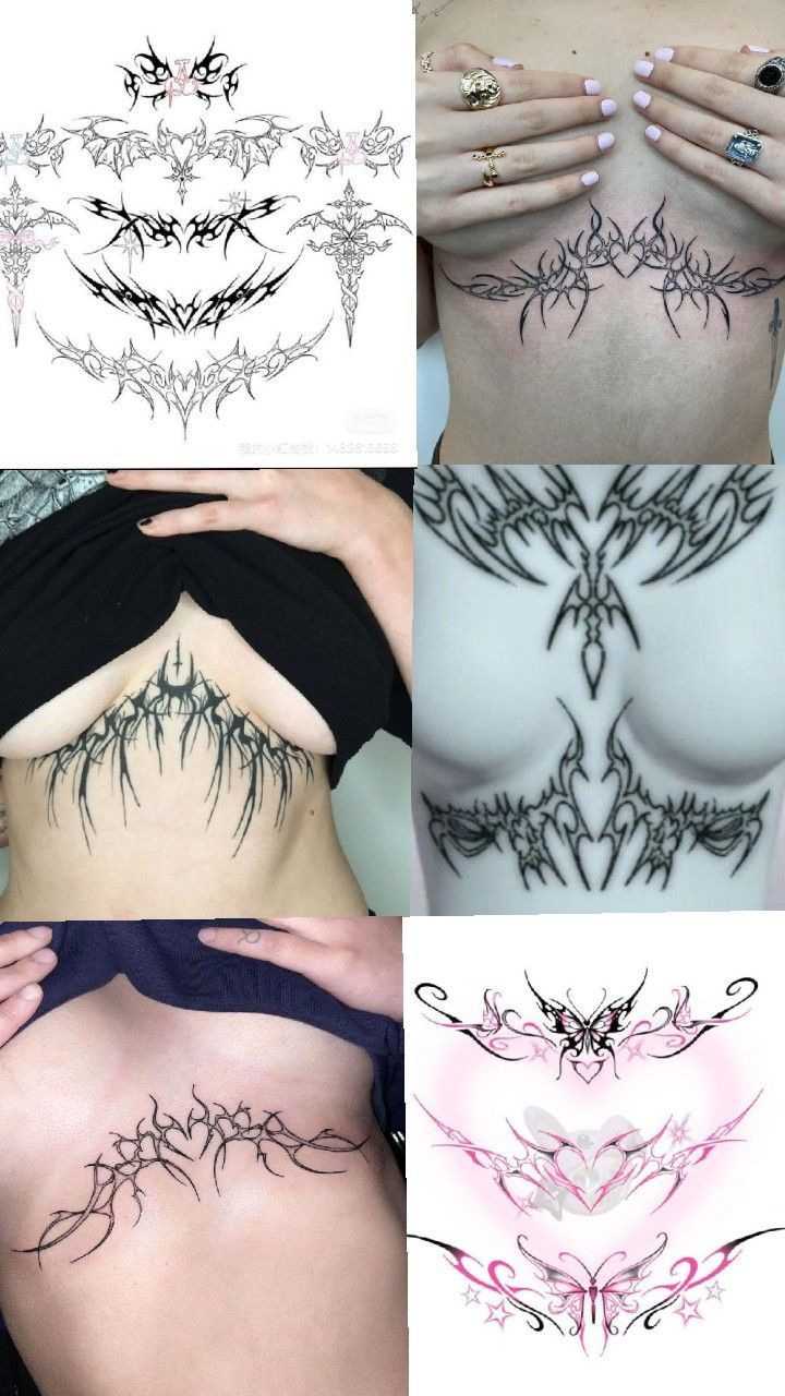 Tattoo Ideas Female Under Breast, Underboob Tattoos For Women Unique, Sternum Chest Tattoo, Tattoo Ideas Female Underboob, Underbust Tattoo Ideas, Tattoo Underbust, Middle Breast Tattoo, Succubus Sigil Tattoo, Cybersigilism Tattoo Sternum