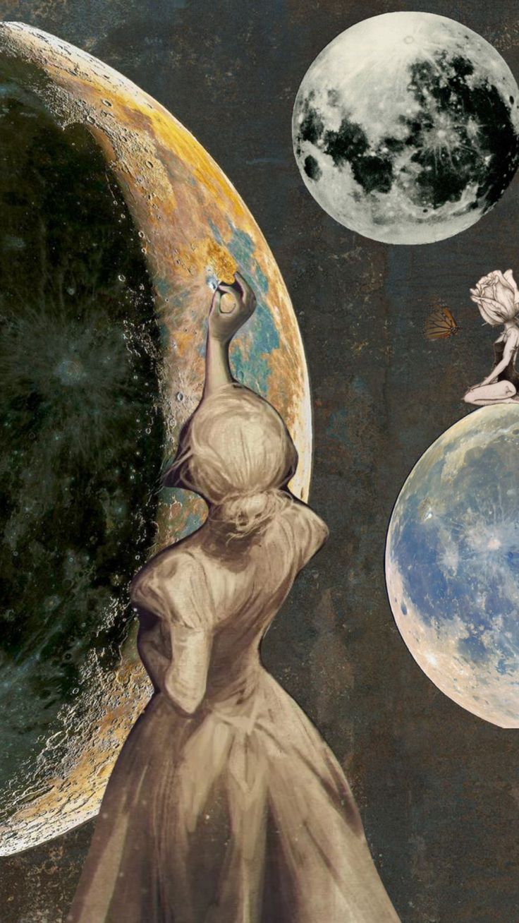 an image of a woman standing in front of the moon and another person flying by