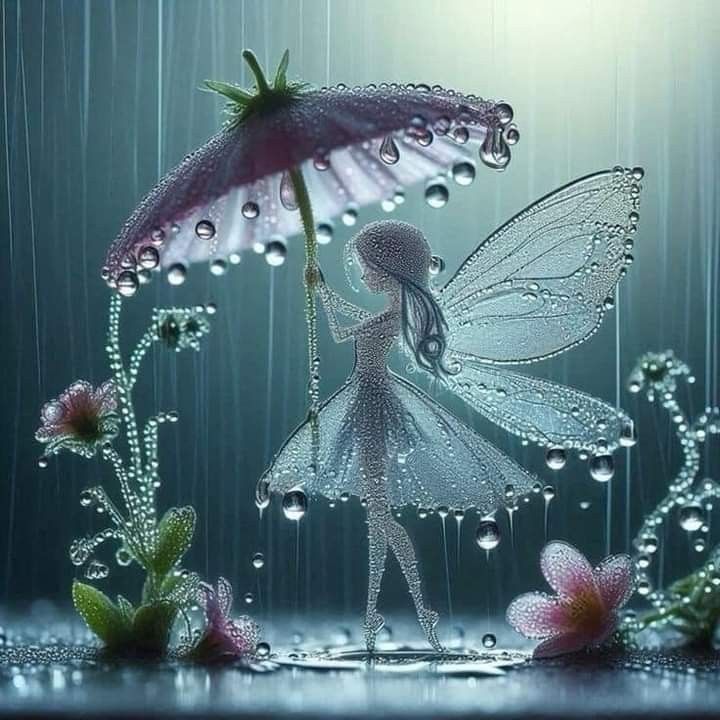 a fairy holding an umbrella in the rain with flowers and water droplets on it's wings