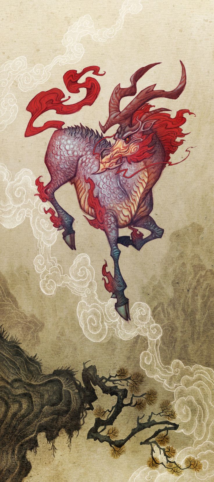 an artistic painting of a demon riding a horse