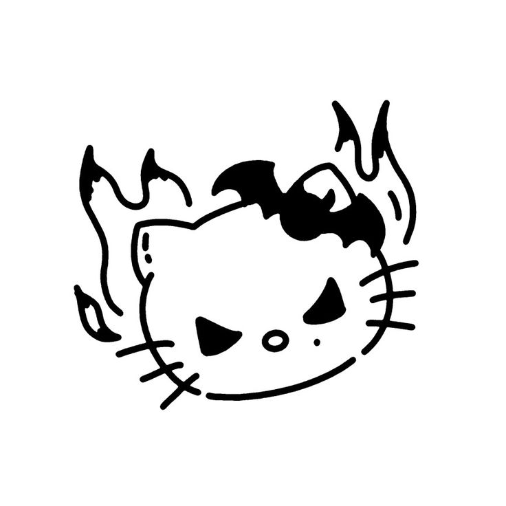 a black and white drawing of a cat's head with flames coming out of it