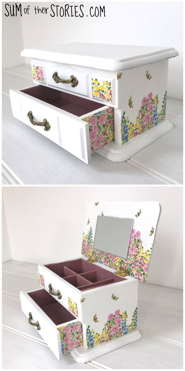 an open drawer with flowers painted on it and the bottom is closed to reveal its drawers