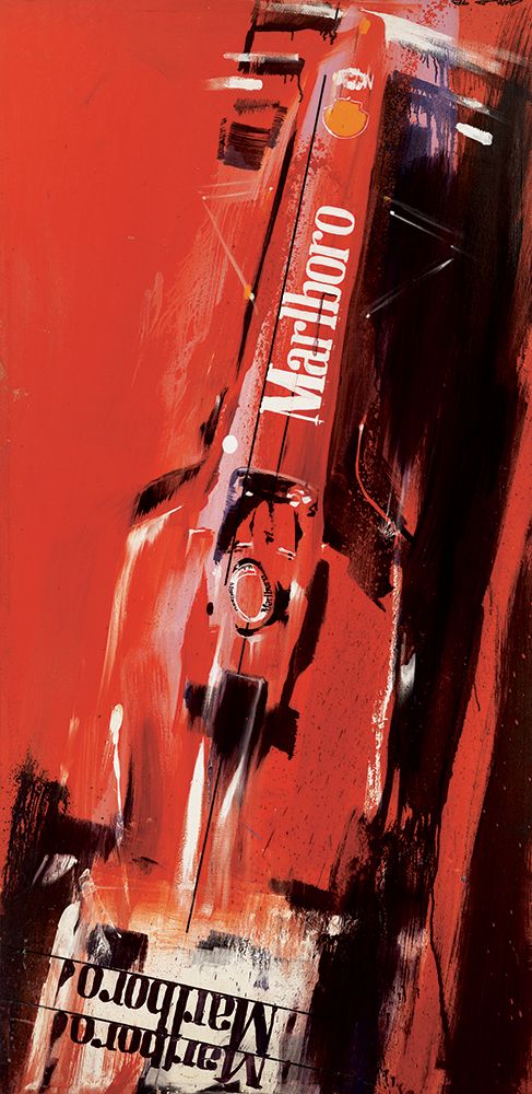 an abstract painting of a red race car