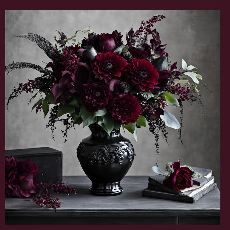 a vase filled with lots of purple flowers on top of a table next to books