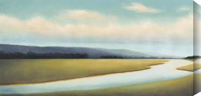 an oil painting of a river running through a field