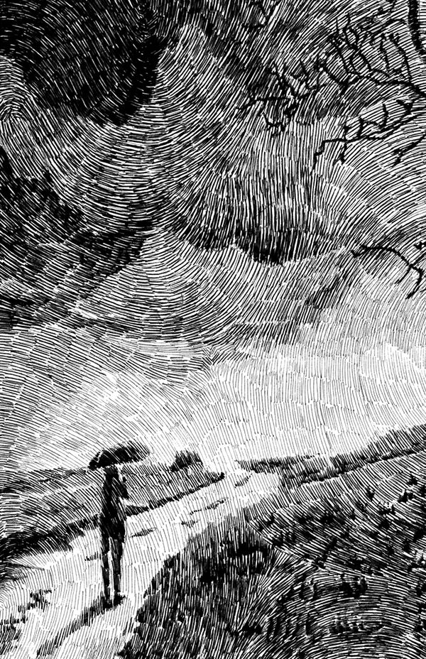 a black and white drawing of a person with an umbrella walking down a dirt road