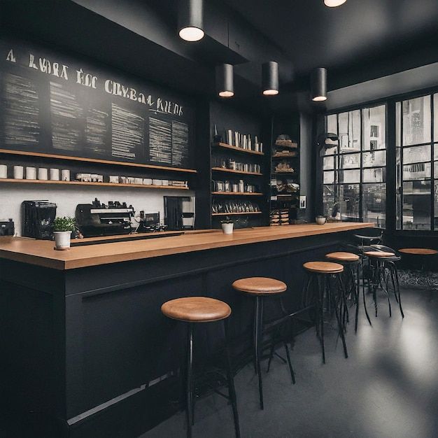 an empty bar with stools in front of it