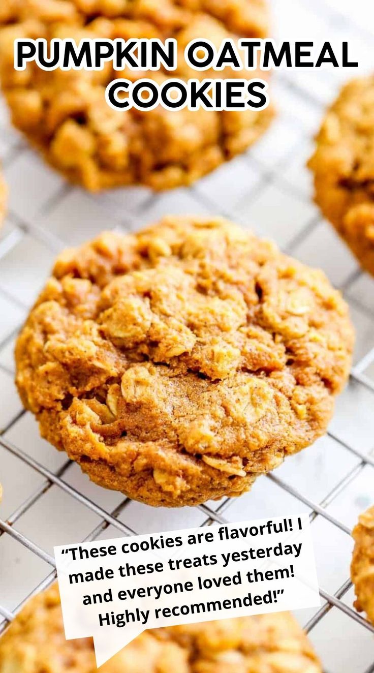 pumpkin oatmeal cookies on a cooling rack with the words, these cookies are flavored and made from real ingredients