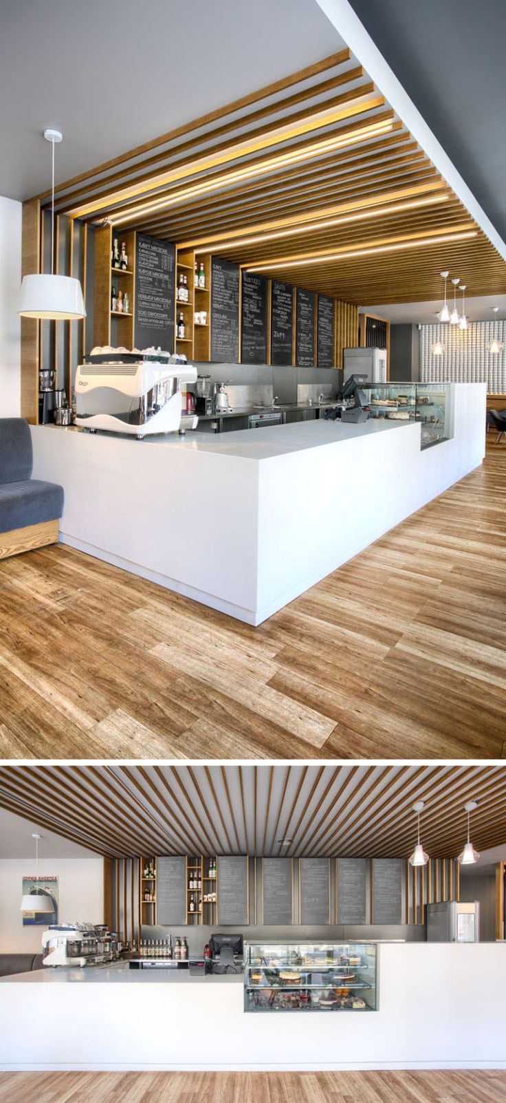 two pictures of a kitchen and living room with wood flooring, white walls and ceiling