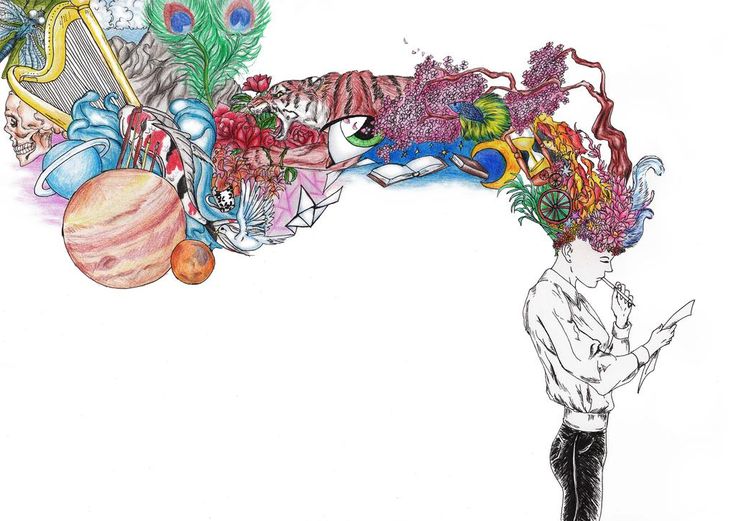 a drawing of a man standing in front of an image of flowers and other things