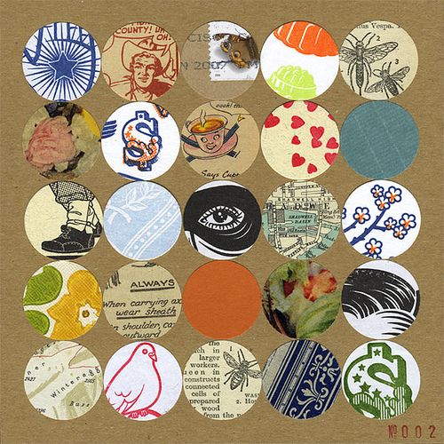 a collage of different types of buttons on a piece of brown paper with white writing