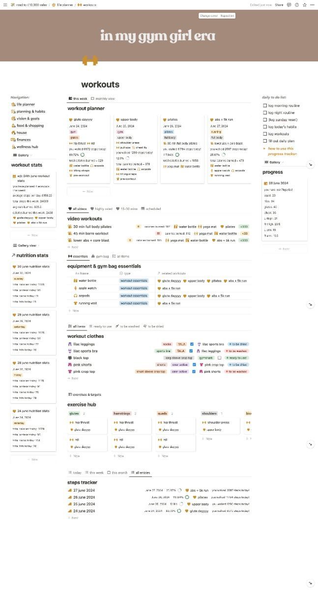 super cute gym/pilates girl era workout planner in notion! Gym Notion, Notion Setup, Gym Planner, Gym Progress, Monthly Workout Plan, Pilates Girl, Setup Inspiration, Notion Ideas, Aesthetic Workout