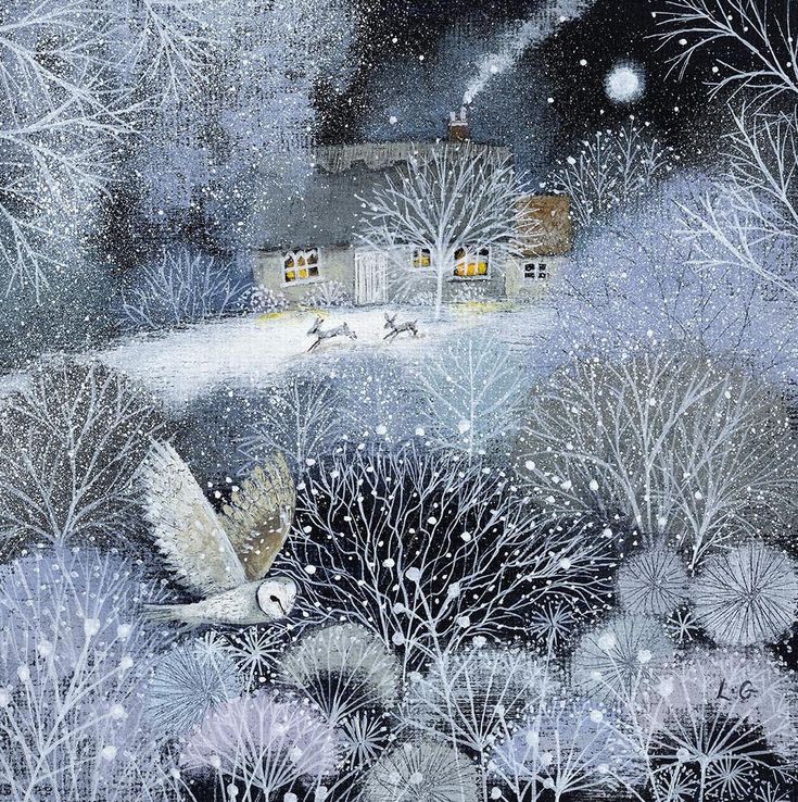 a painting of a snowy landscape with birds and trees in the foreground, houses on the other side