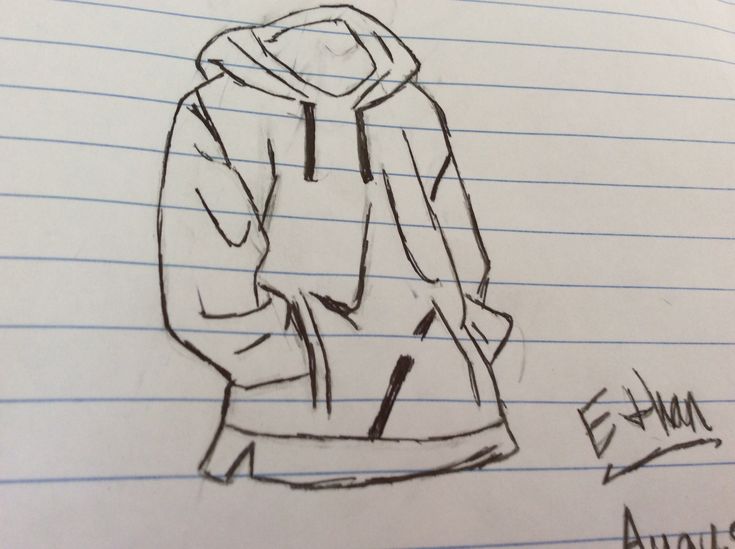 a drawing of a hoodie is shown on lined notebook paper with writing underneath it