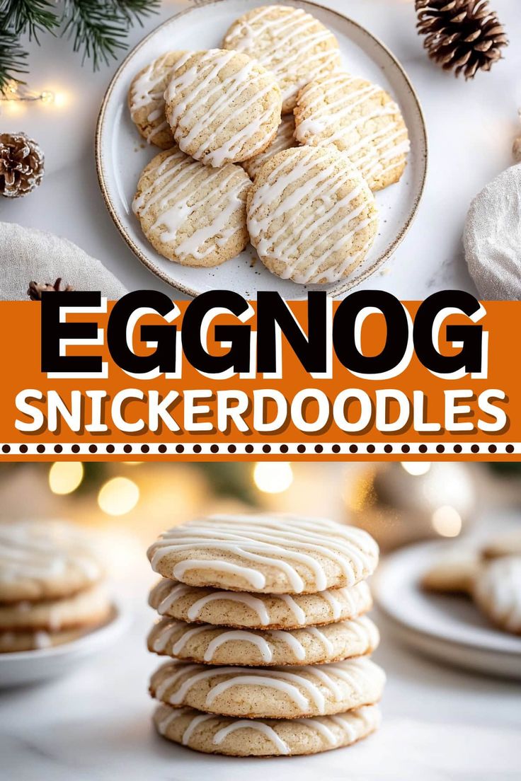 eggnog snickkerdoodle cookies on a plate with pine cones and lights in the background