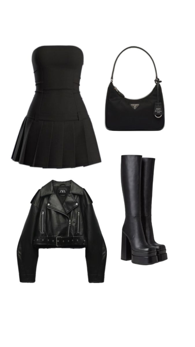 #nightout #girlsnight #black #outfit #summer #jacket #boots #bag #minidress Slytherin Girl Outfit, Korean Night Outfit, Black Outfit Summer, Rockstar Girlfriend Aesthetic, Slytherin Girl, Korean Style Dress, Dark Outfit, Era Outfits, Outfit Coquette