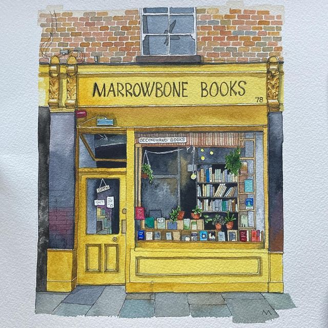 a watercolor painting of a book store