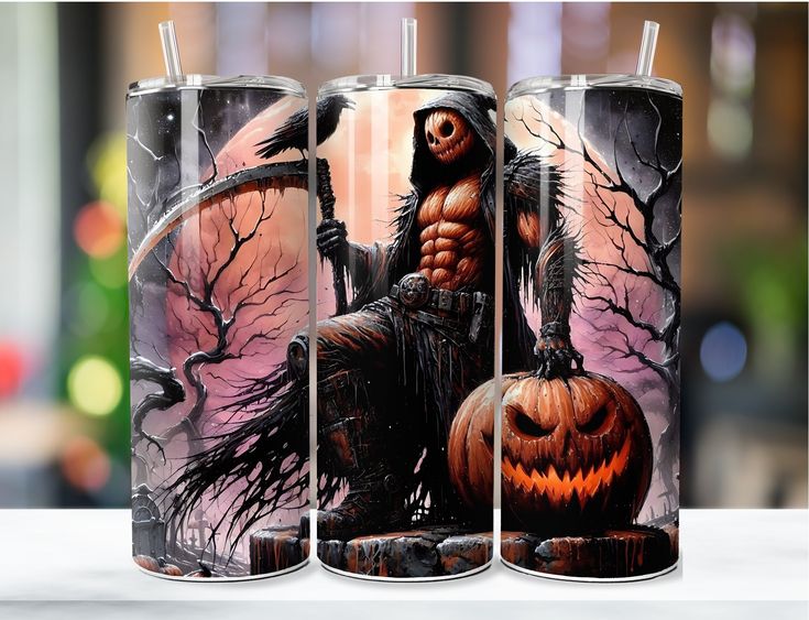 three halloween themed tumbles with the image of a demon sitting on a pumpkin