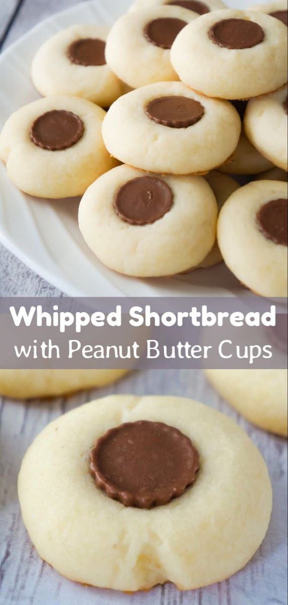 peanut butter shortbread cookies with chocolate frosting on top and the words, whipped shortbread with peanut butter cups