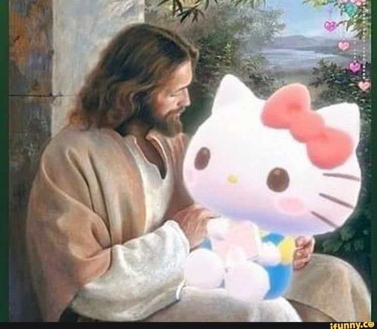 a painting of jesus holding a hello kitty stuffed animal