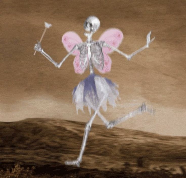 a skeleton dressed as a fairy dancing in the desert