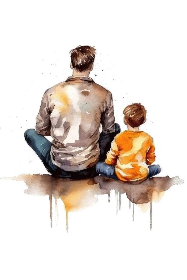 a watercolor painting of a father and son sitting on the ground looking at each other