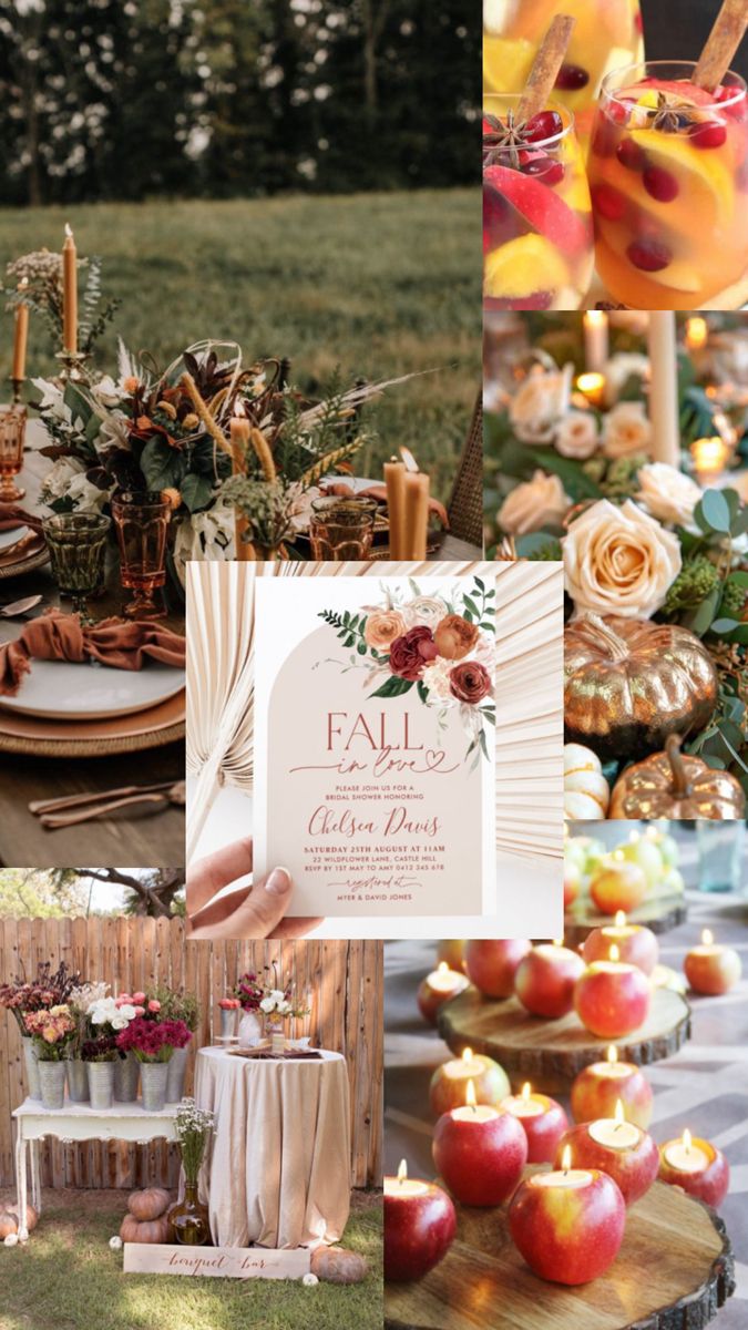 a table with apples and desserts on it in the middle of an outdoor setting