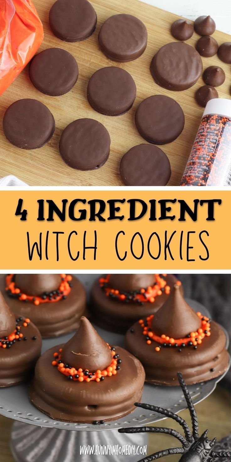 chocolate covered cookies with candy on top and the words 4 ingredient witch cookies in front