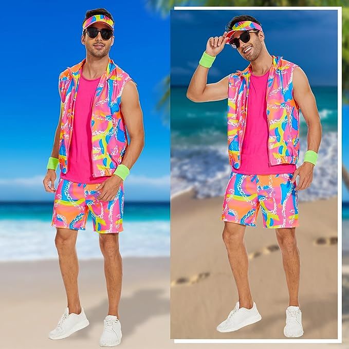 two photos of a man in bright clothing on the beach, one is wearing sunglasses