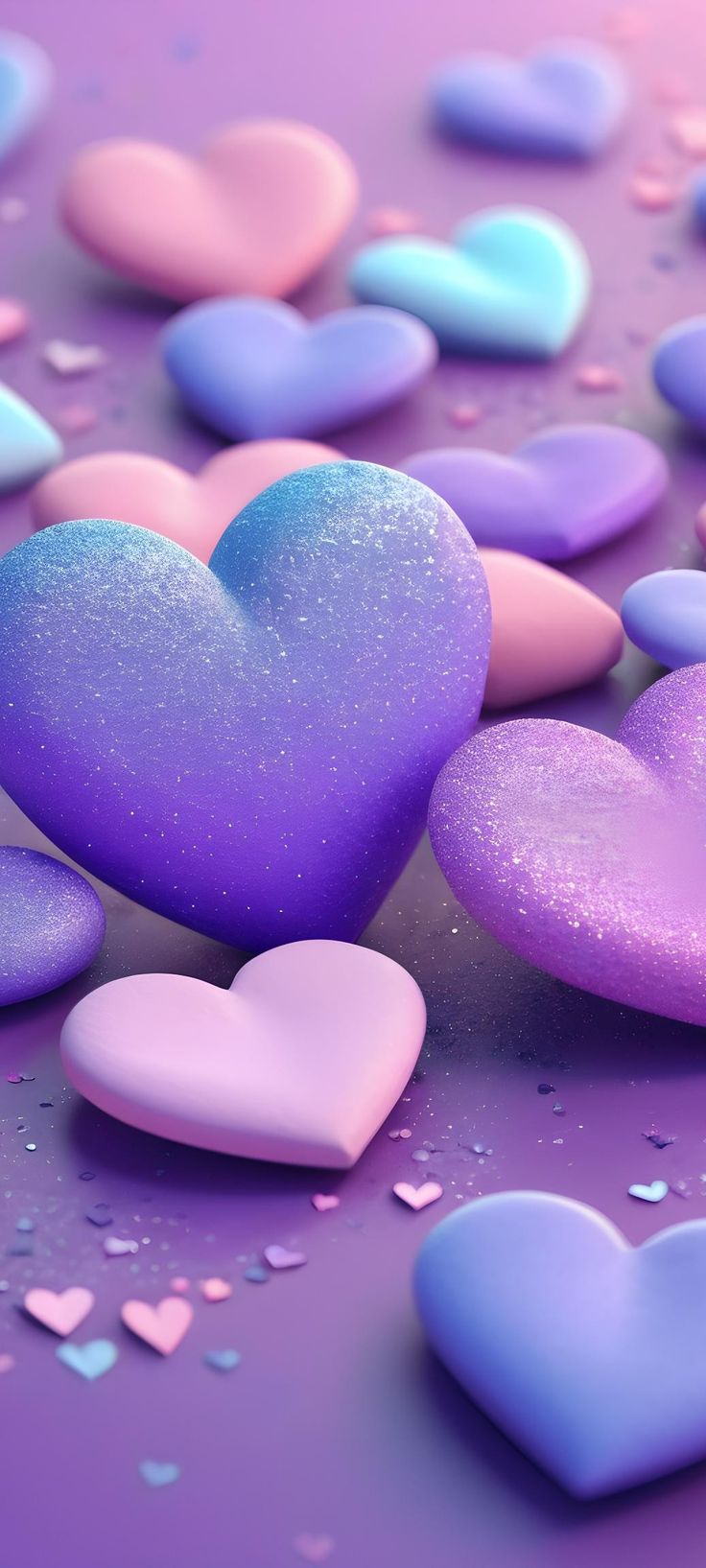 many heart shaped candies are scattered on a purple and blue background with confetti