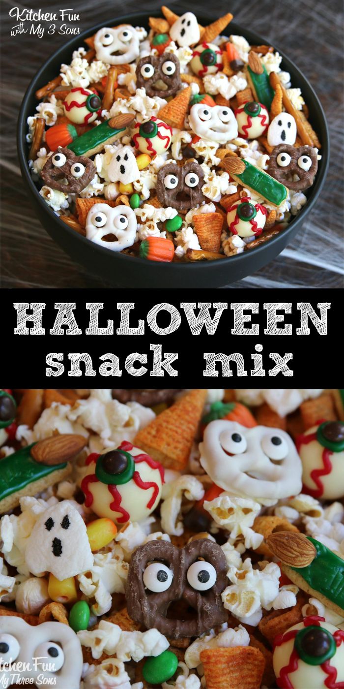 halloween snack mix in a bowl with eyes and noses