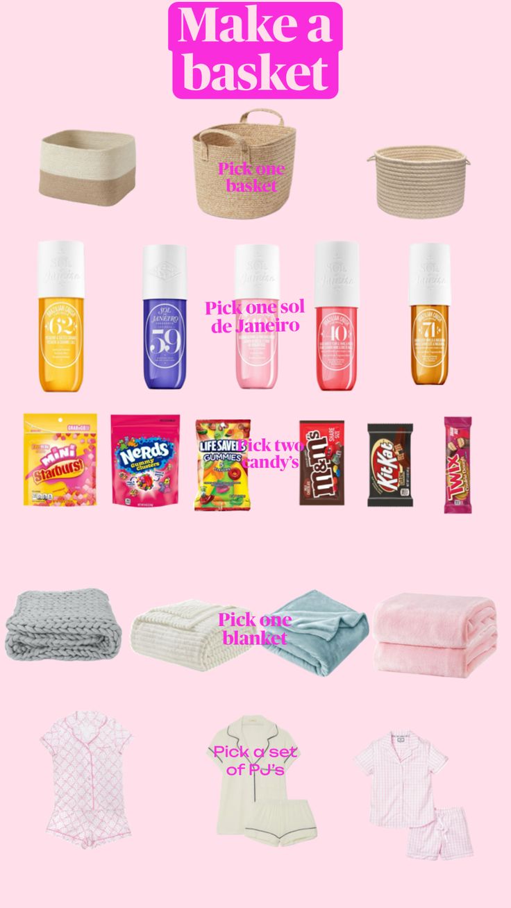 a pink background with various items that are labeled in the words make a basket on it