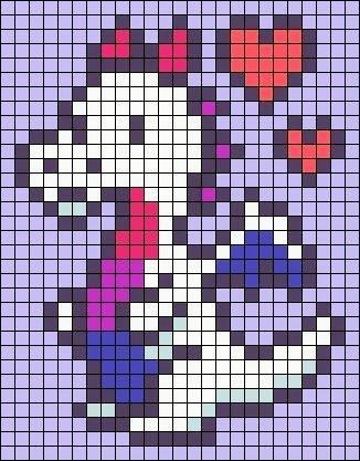 a cross stitch pattern with an image of a cartoon character in purple and pink colors