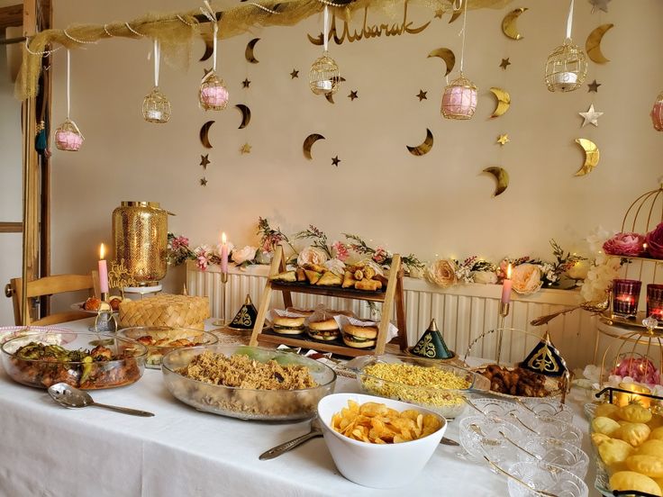 a table filled with lots of food and desserts