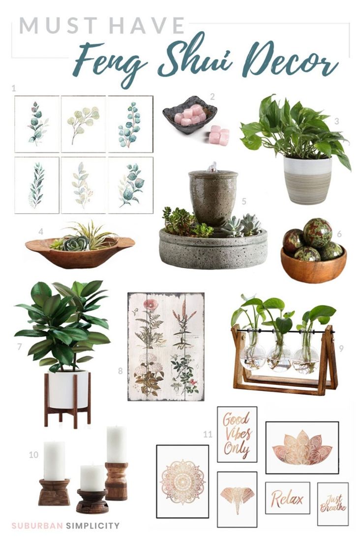 a collage of plants and pictures with the words must have feg shut decor