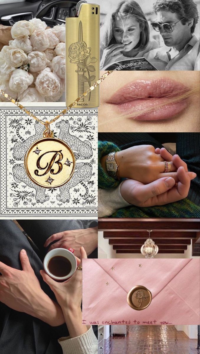 a collage of photos with different items including lipstick, gold necklace and pink envelope