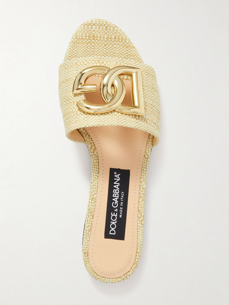 Dolce & Gabbana's 'Bianca' slides are the perfect shoes to take on vacation – you can wear them day and night. They're crafted from raffia and have wide straps embellished with large gold-tone logos. Designer Flats Shoes, Dolce And Gabbana Shoes, Luxury Sandals, Shape Nails, Designer Slides, Dolce Gabbana Shoes, Coffin Shape, Shop Till You Drop, Girly Shoes