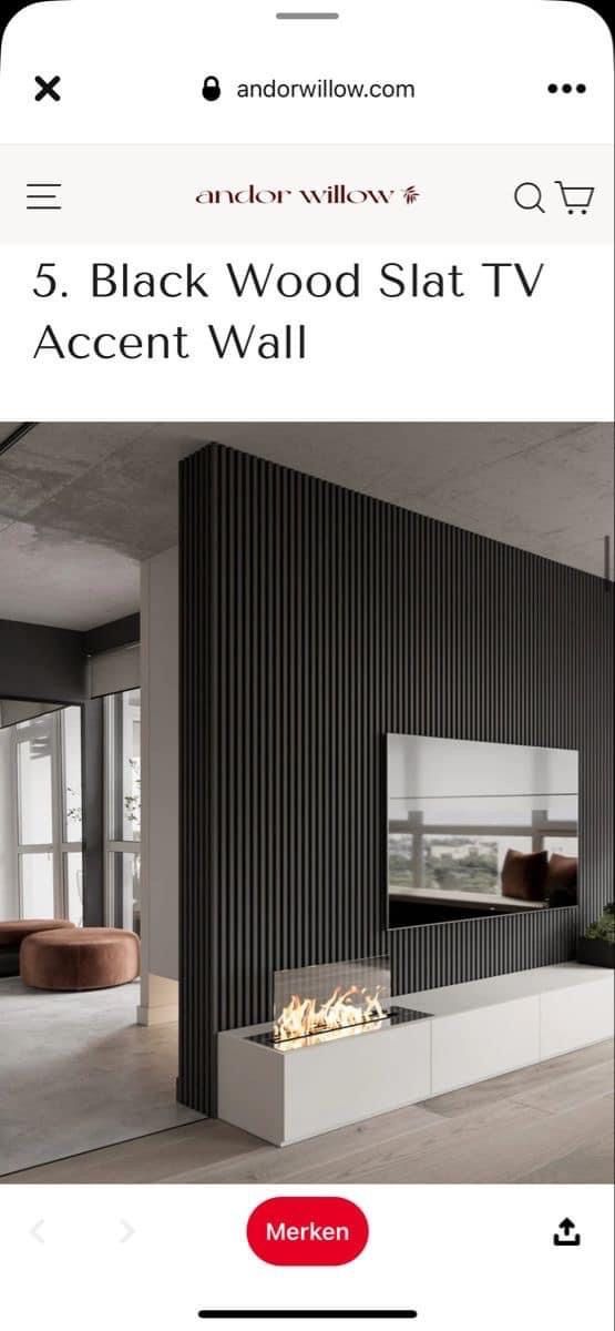 the screen shows an image of a modern living room with black wood slat tv accent wall