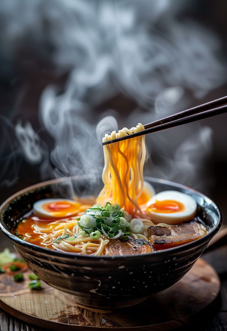 a bowl of noodles with chopsticks sticking out of it and steam rising from the top