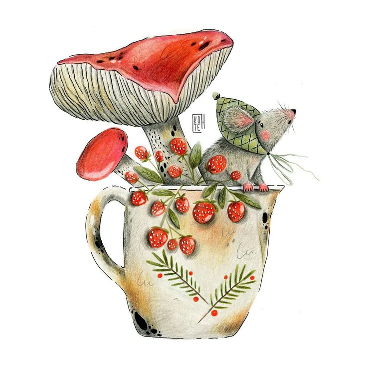 a drawing of two mice in a cup with strawberries and mushrooms on the inside