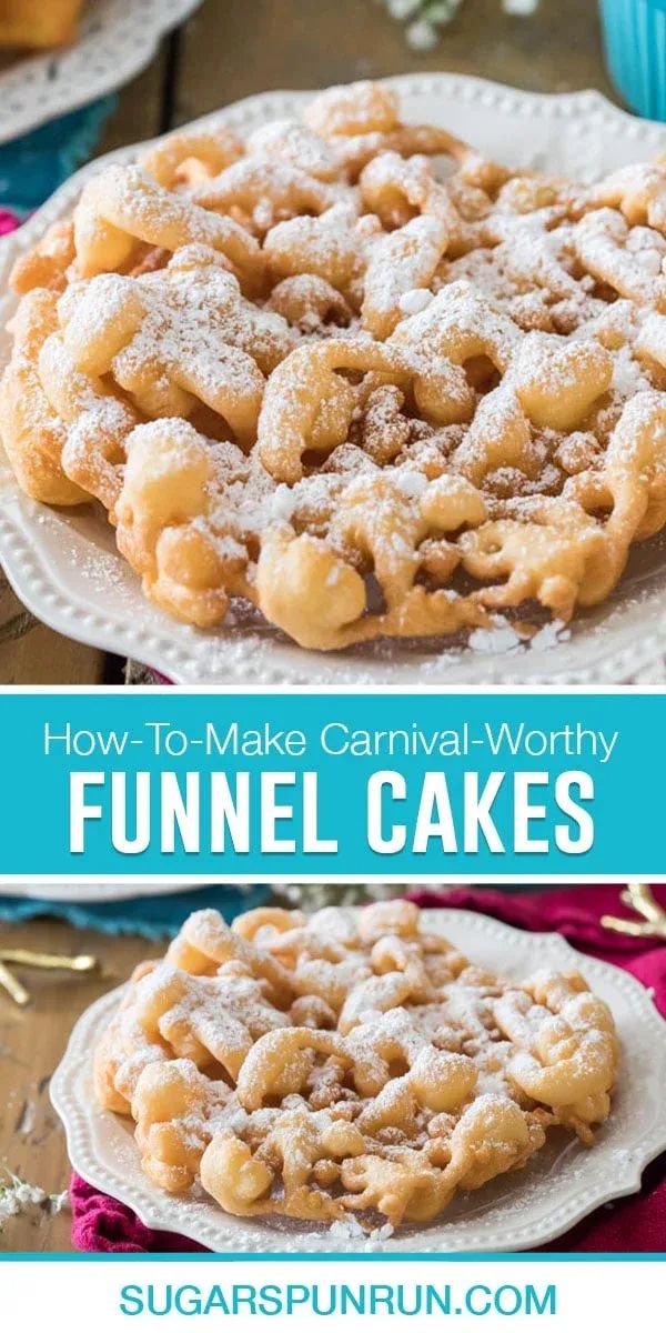 funnel cake with powdered sugar on top and the words how to make carnival worthy funnel cakes