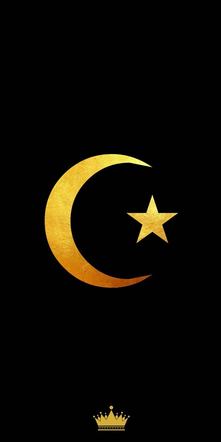 a gold crescent and star with a crown on the bottom, against a black background