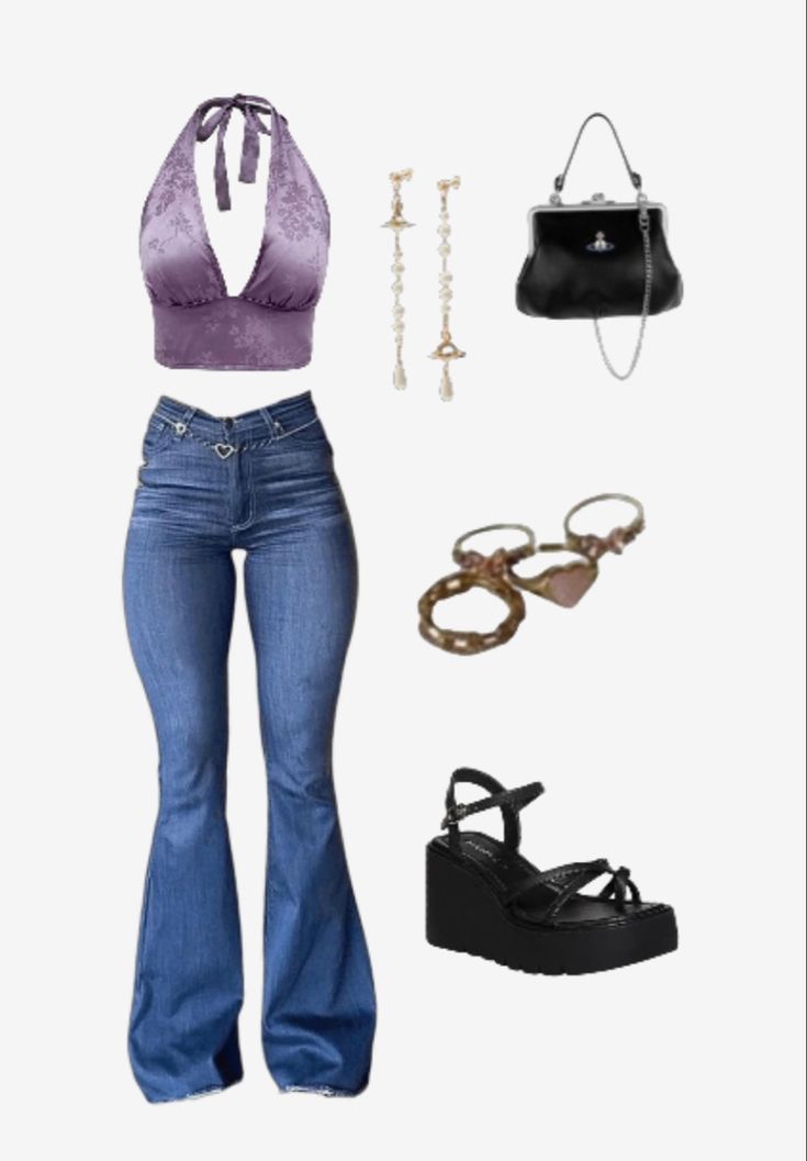 Aventura Concert Outfit Ideas, Megan Stallion, Flare Jean Outfit, Halter Tops Outfit, Looks Hip Hop, Flare Jeans Outfit, Leni Klum, Outfits 2000s, Latina Fashion Outfits