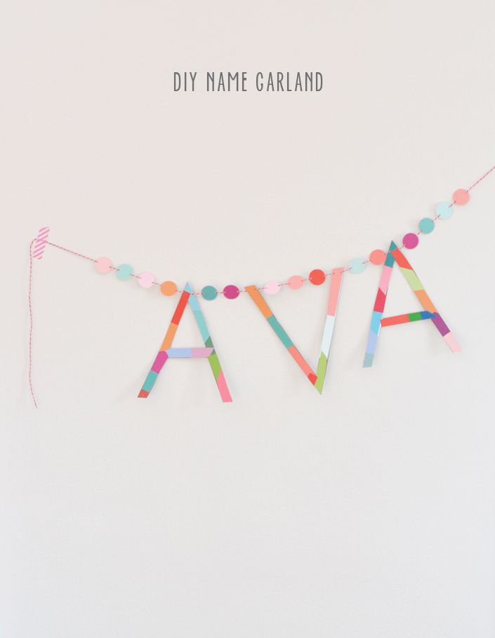 the name ava is made out of colored paper streamers on a white background with pink, blue, and green polka dots