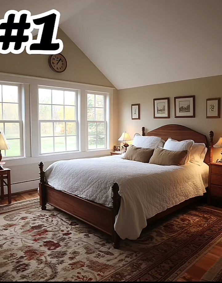 a bedroom with a large bed and two windows