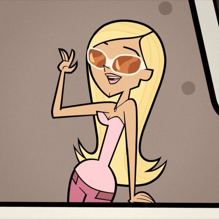 a cartoon girl with blonde hair and sunglasses on her face is waving to someone out the window