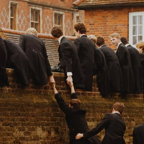 a group of people standing on top of a brick wall next to each other holding hands